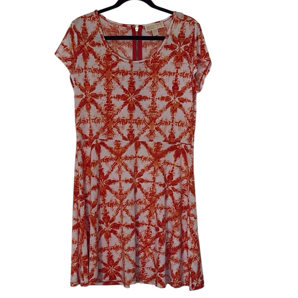 Michael Kors Glazed Tile-Print Flare Dress Clementine/Orange and white, L